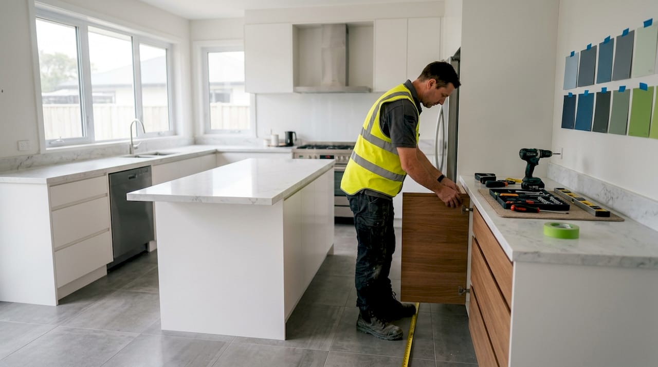 Kitchen renovation in progress with contractor installing cupboards