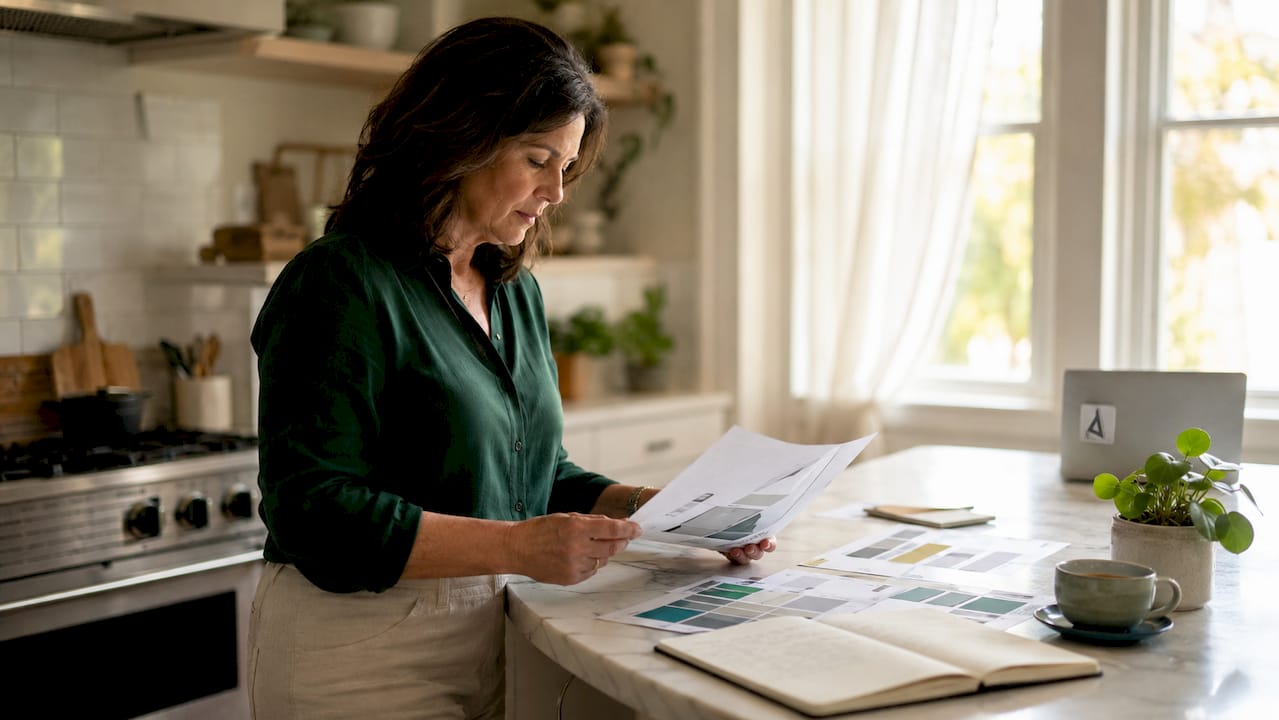 Businesswoman reviewing branding guidelines at desk