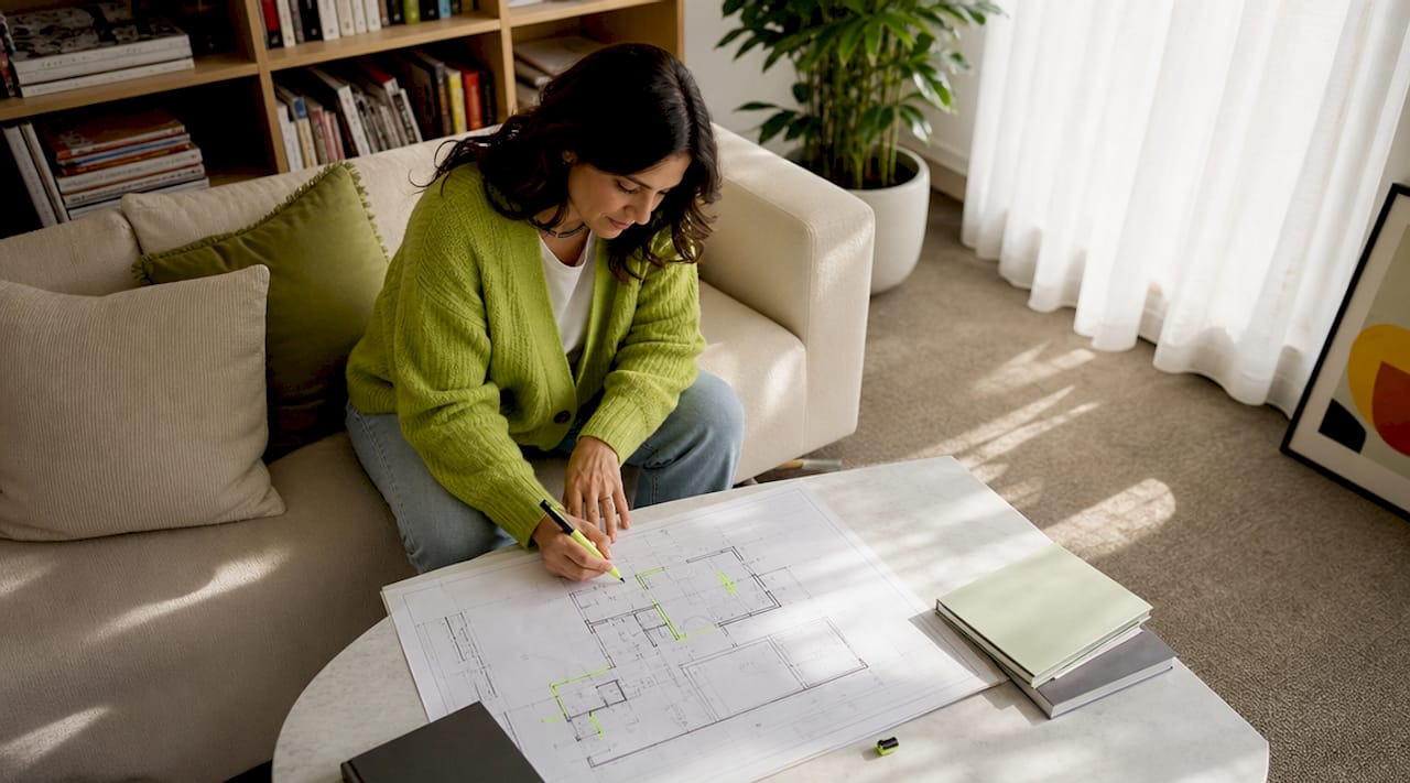 Woman reviewing home extension plans at dining table