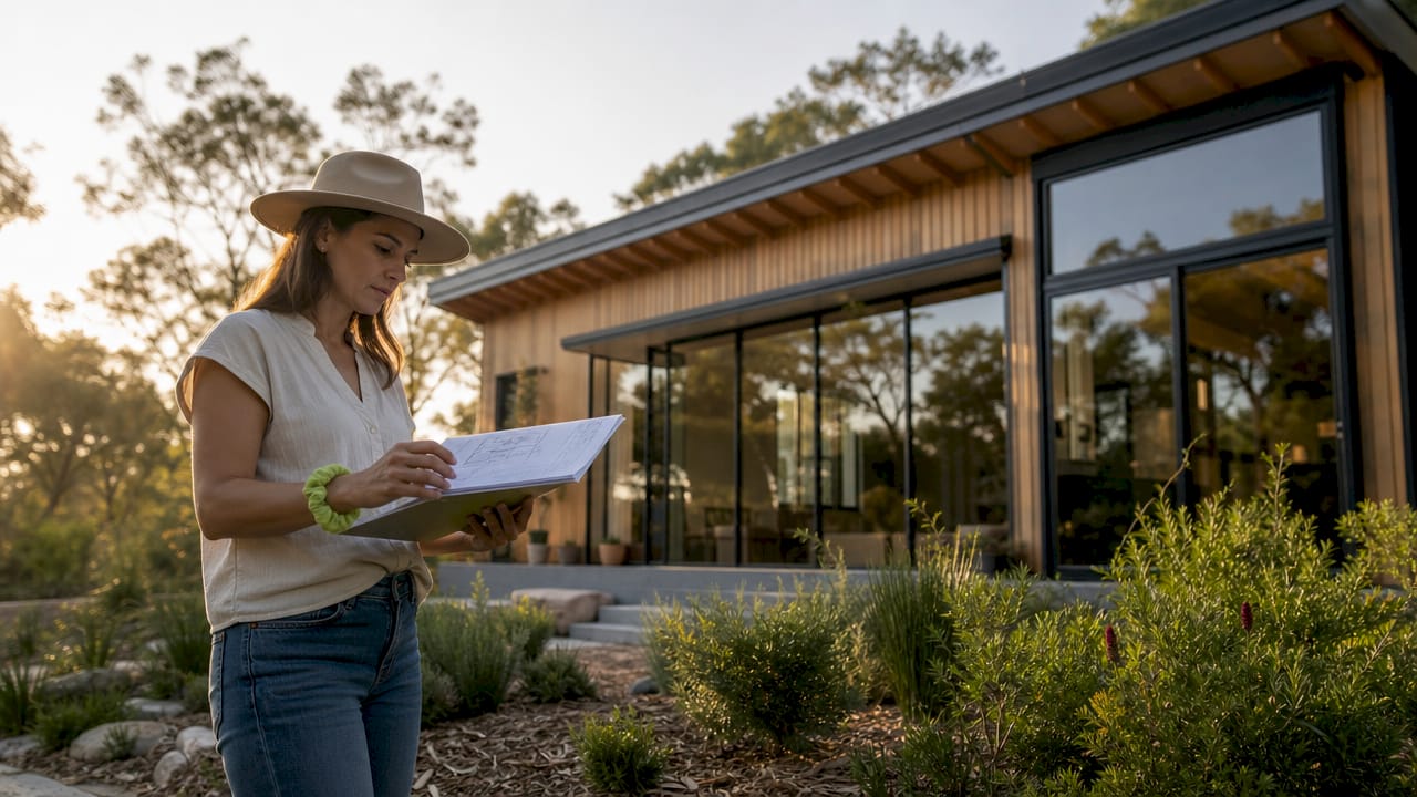 Sustainable custom home with architect reviewing plans