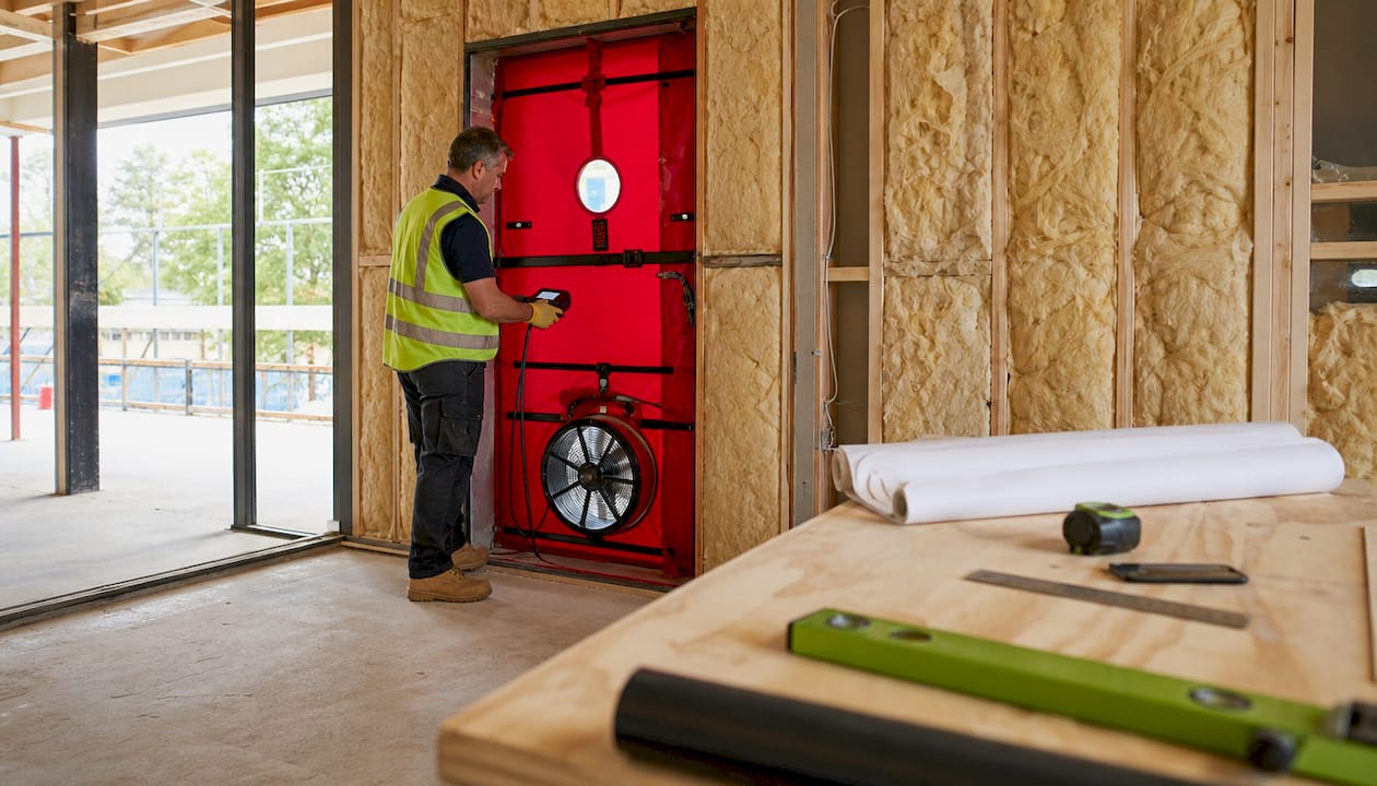 Builder conducting airtightness test on home construction