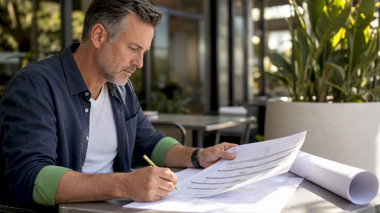 Project manager reviewing construction schedule indoors