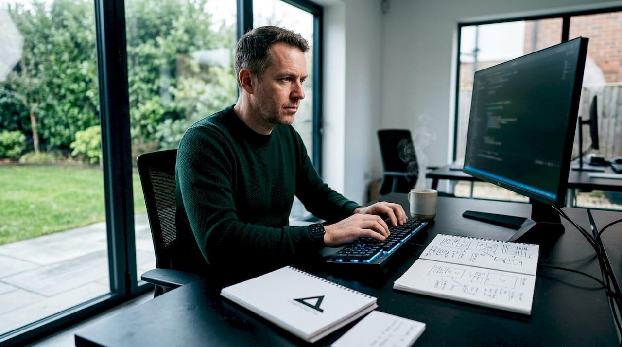 Web developer coding responsive website at desk