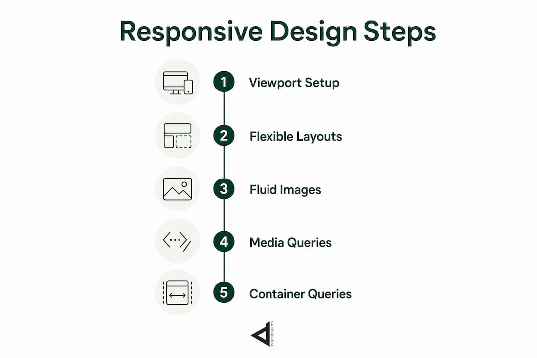 Infographic displaying five key steps of responsive design implementation