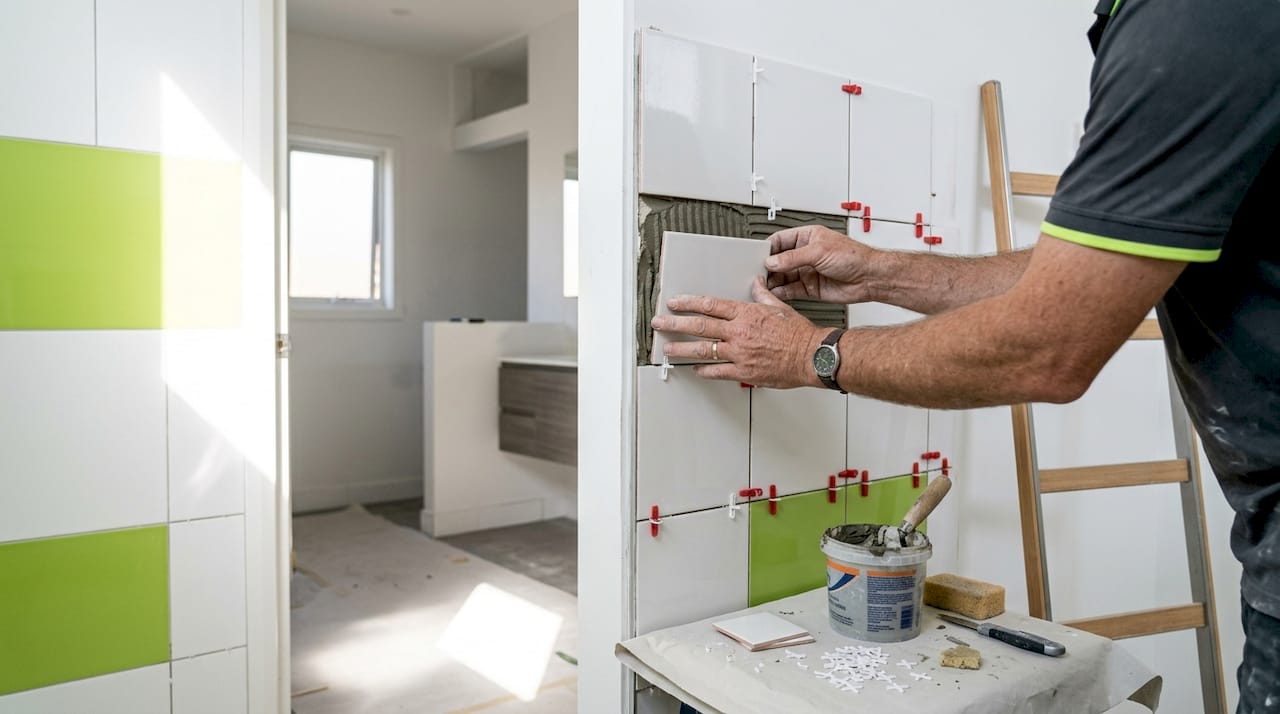 Hands installing bathroom floor tiles