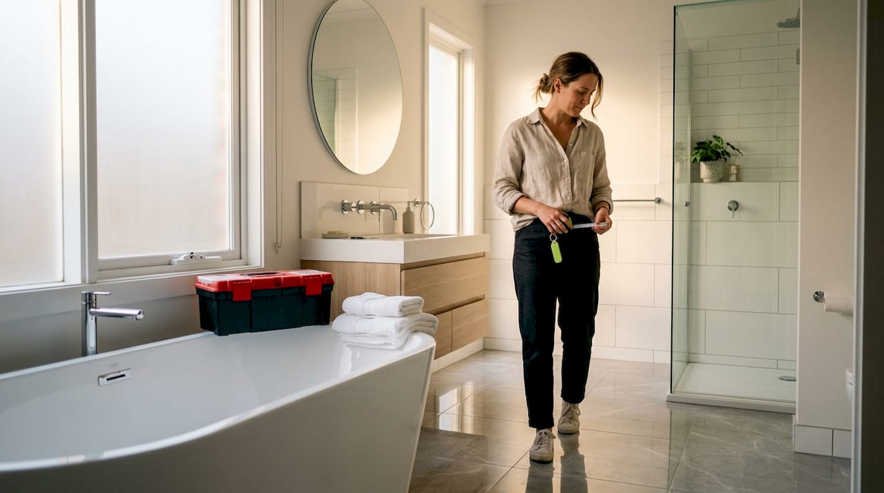 Woman inspecting a renovated modern bathroom