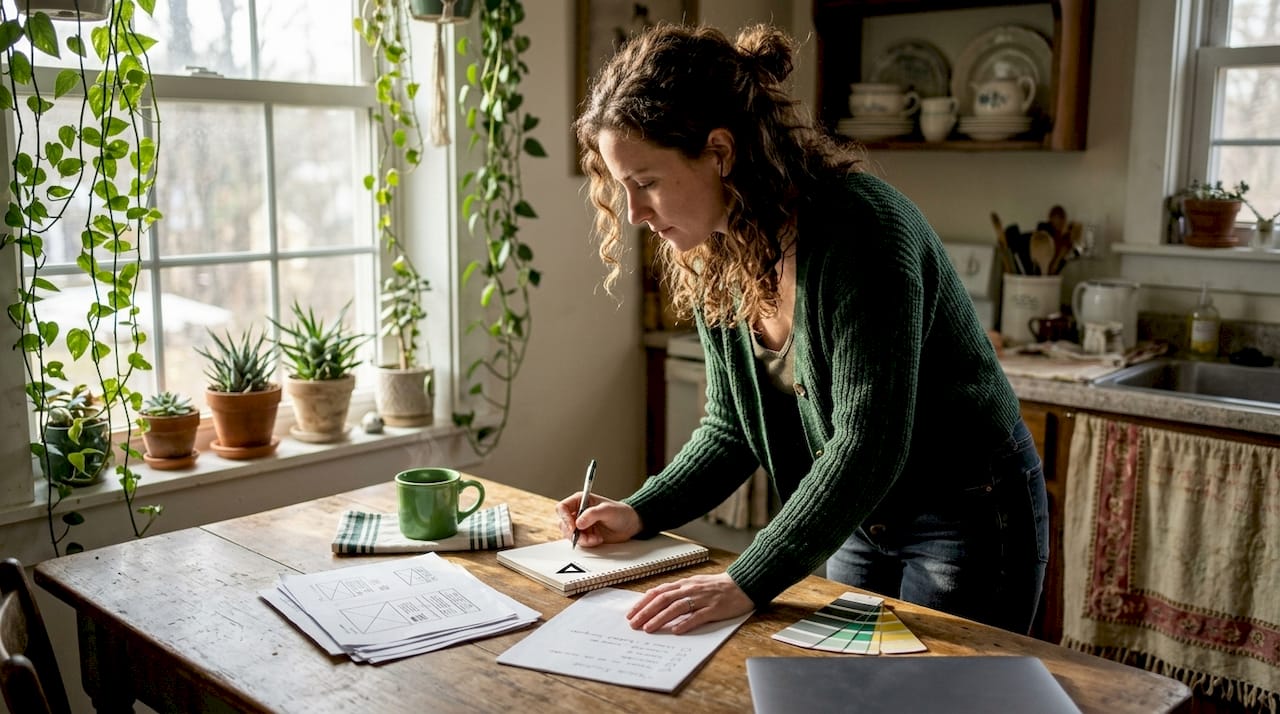 Designer reviewing website trust elements at desk