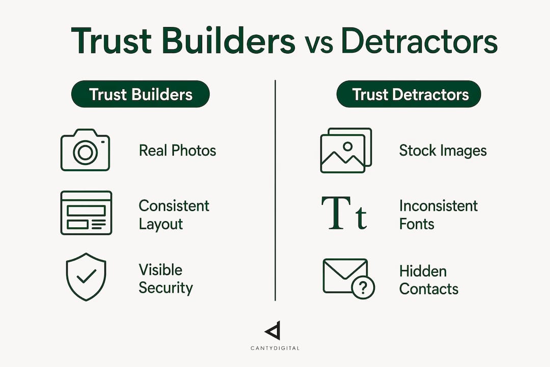 Infographic comparing trust-building and trust-eroding web design elements