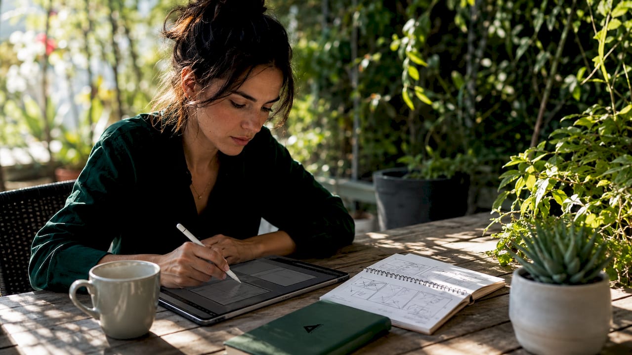 Female designer working on grid layout tablet