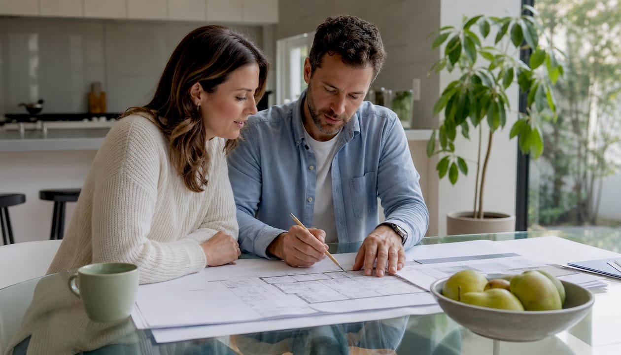 Couple reviewing home extension blueprints