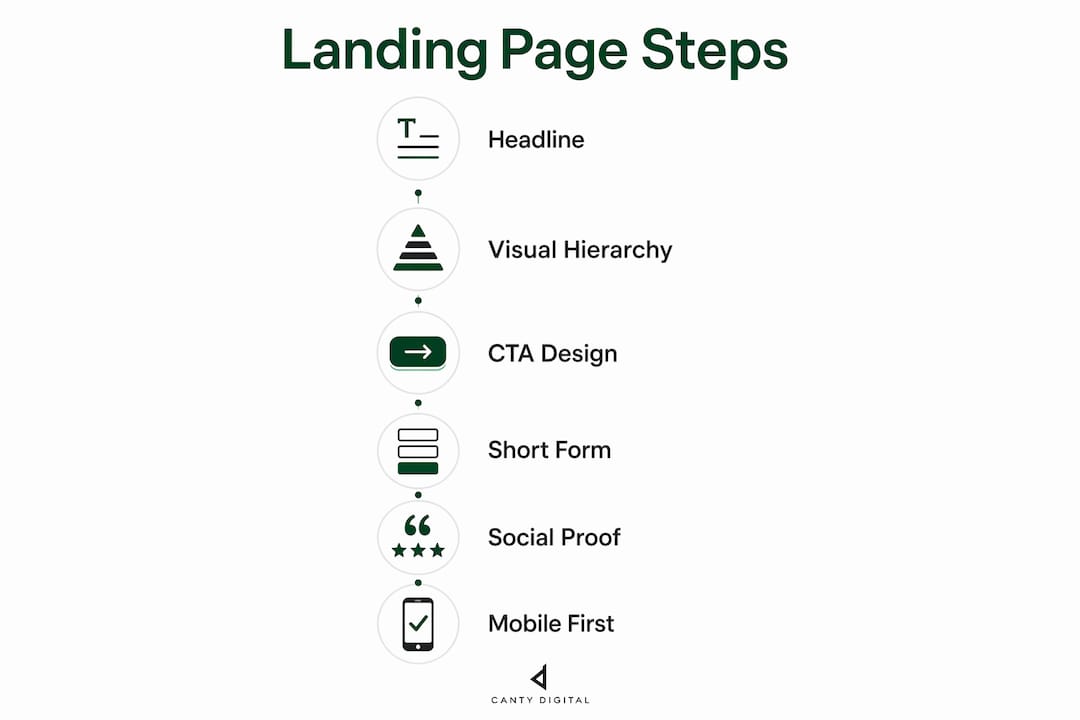 Infographic illustrating six steps for designing landing pages