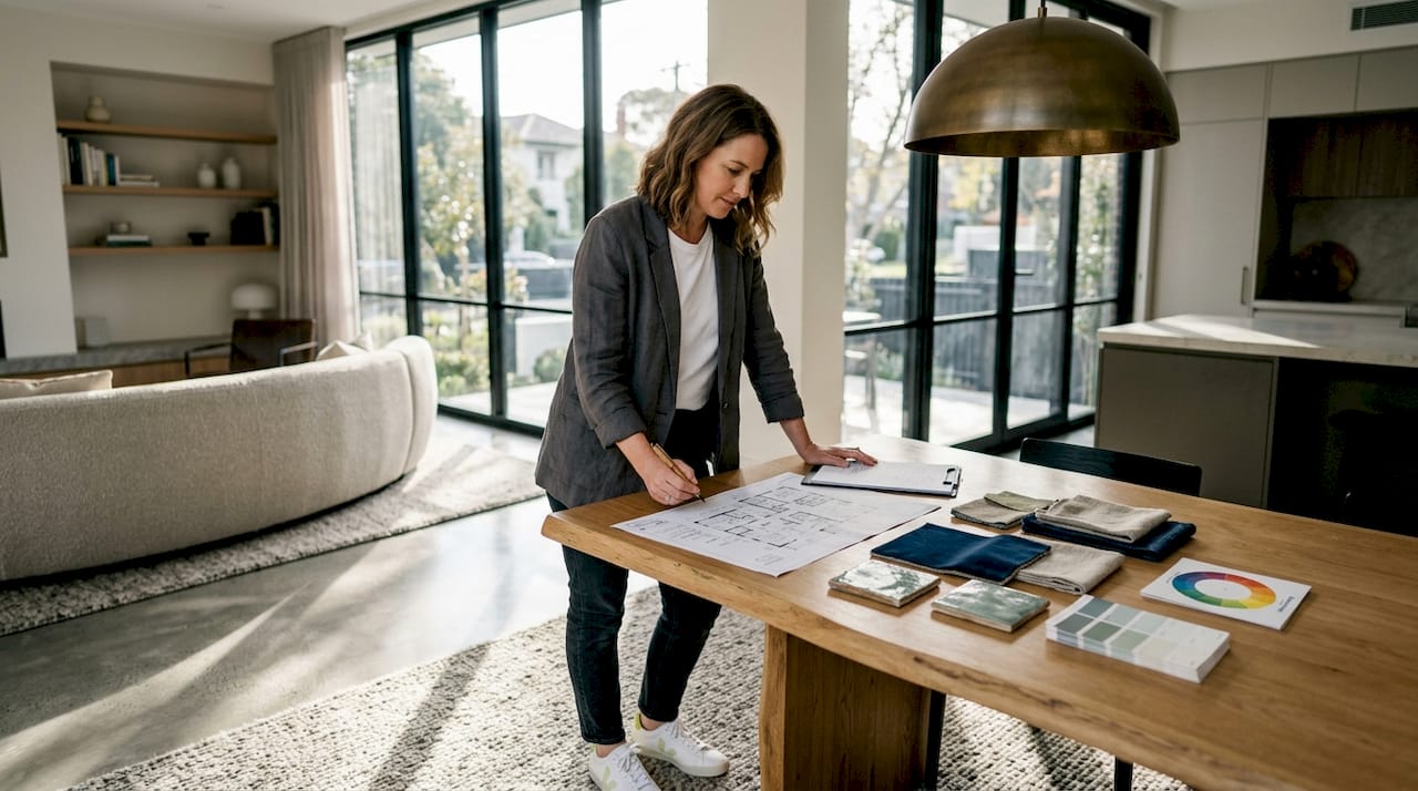Interior designer reviewing luxury home floor plan
