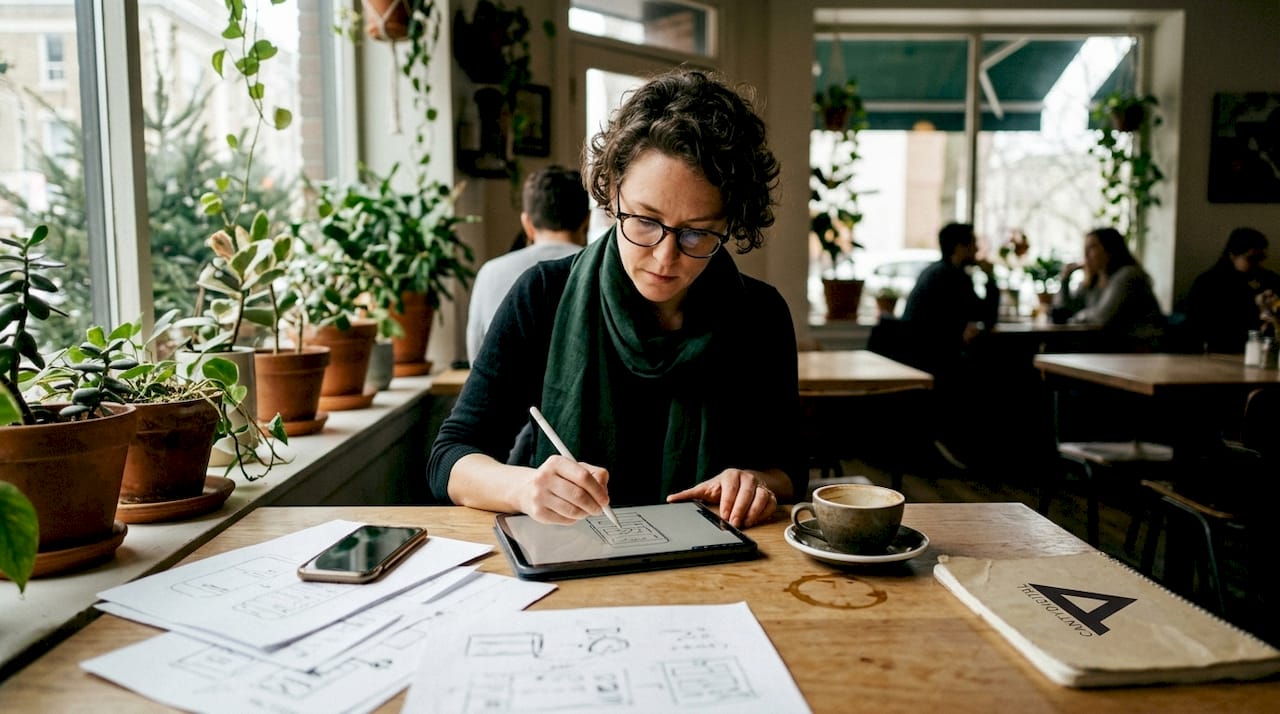 UX designer sketching mobile wireframes at desk