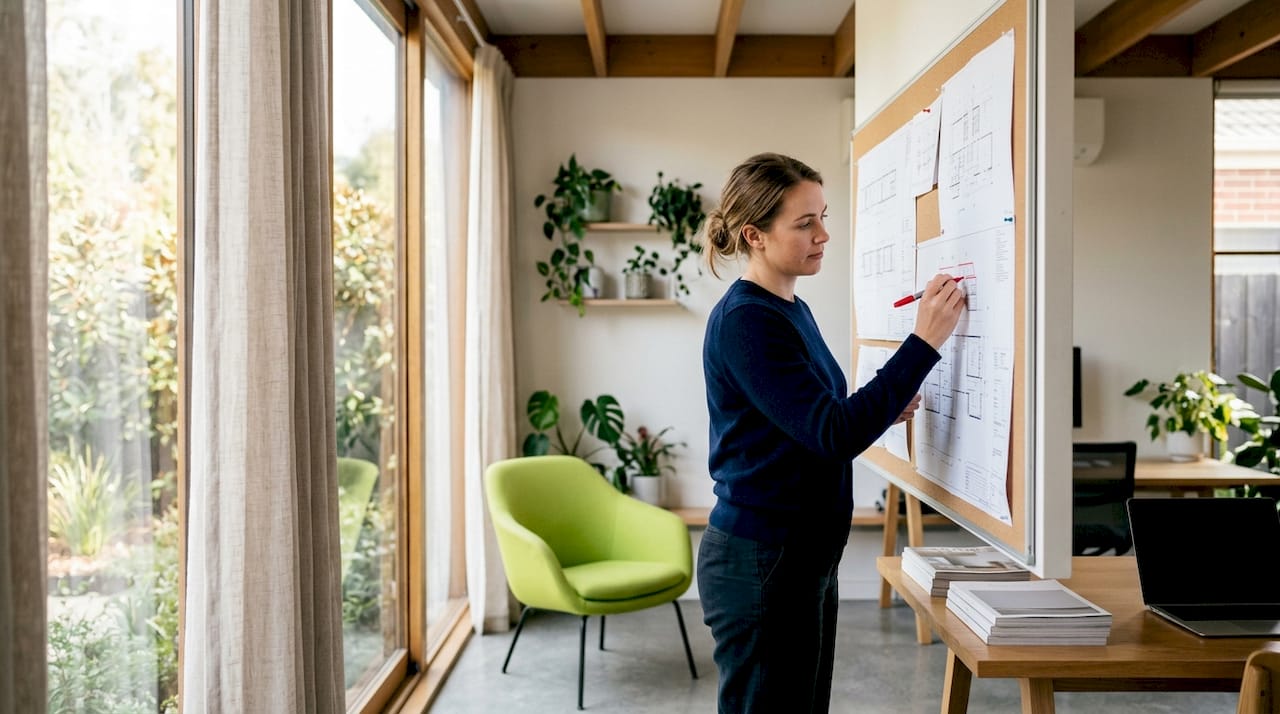 Architect reviewing blueprints in design meeting