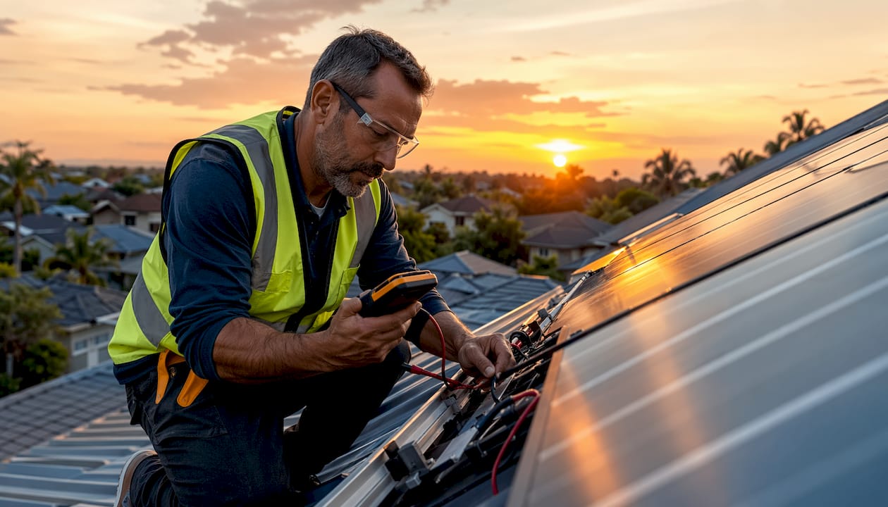 Technician inspecting solar panels on rooftop