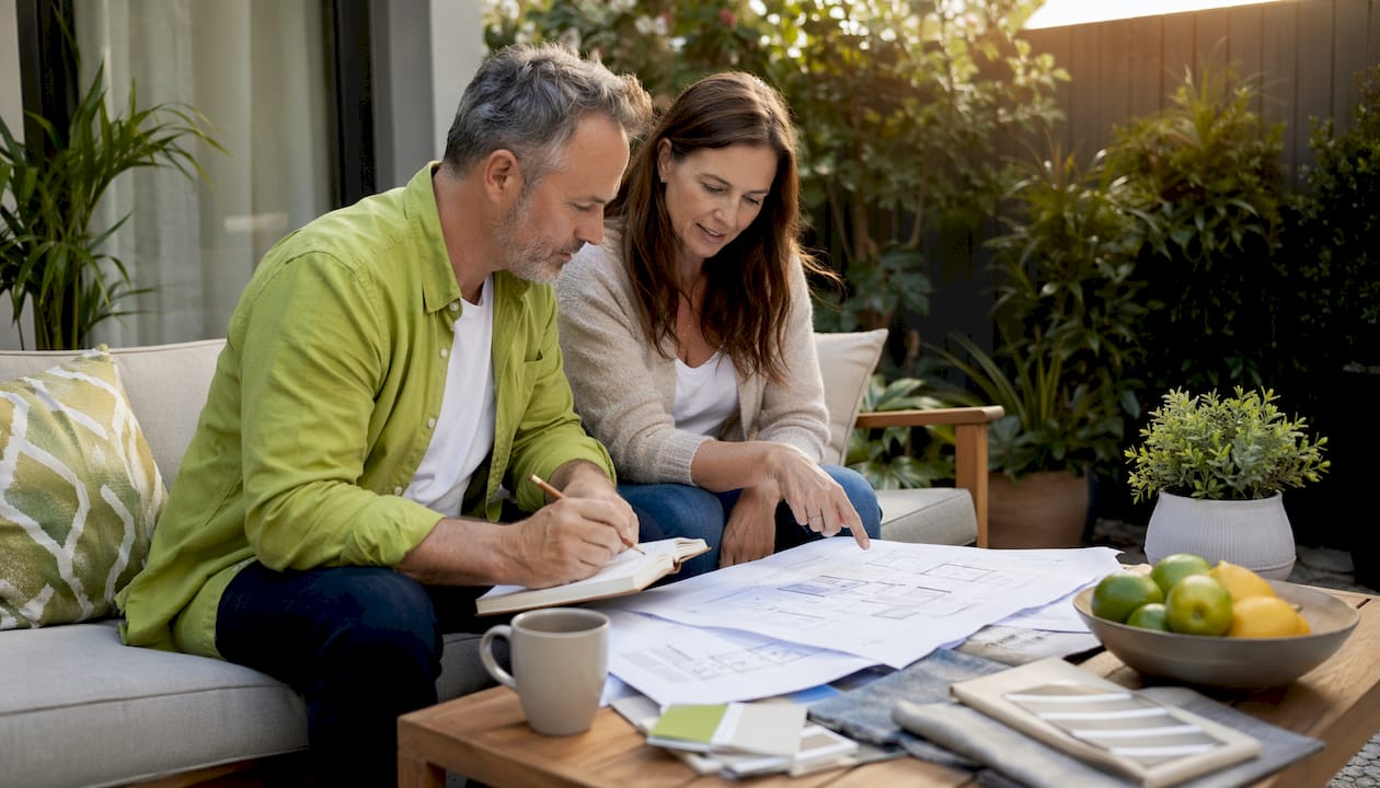Couple planning family home renovation at kitchen table