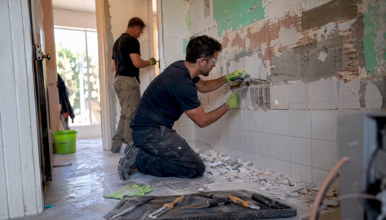 Workers removing tiles during home renovation construction