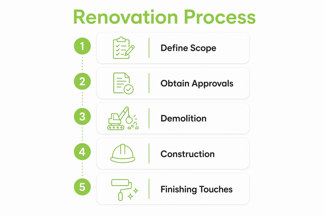 Infographic of five main family home renovation steps