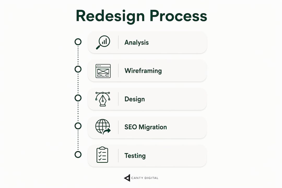 Infographic showing website redesign process steps