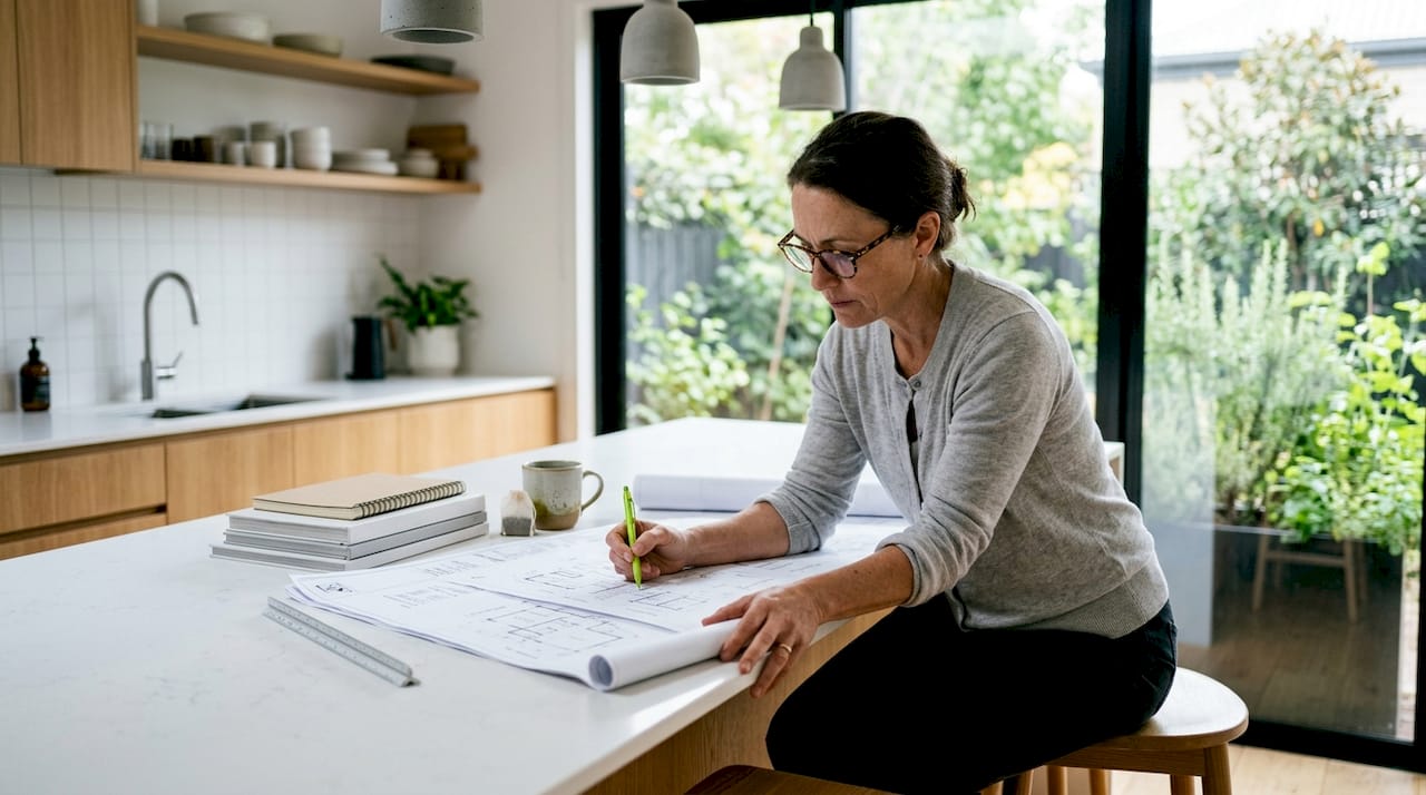 Architect reviewing home renovation blueprints