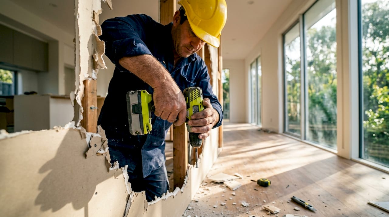 Worker removing wall drywall during renovation