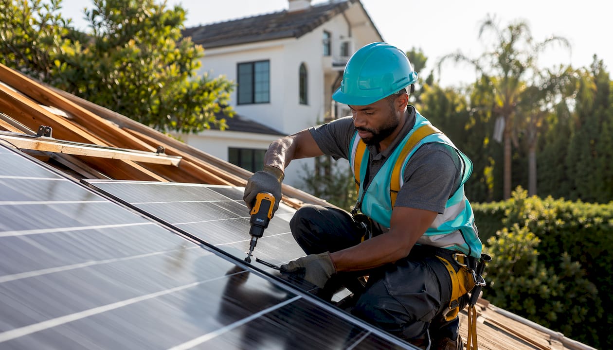 Technician installing premium solar panel on roof