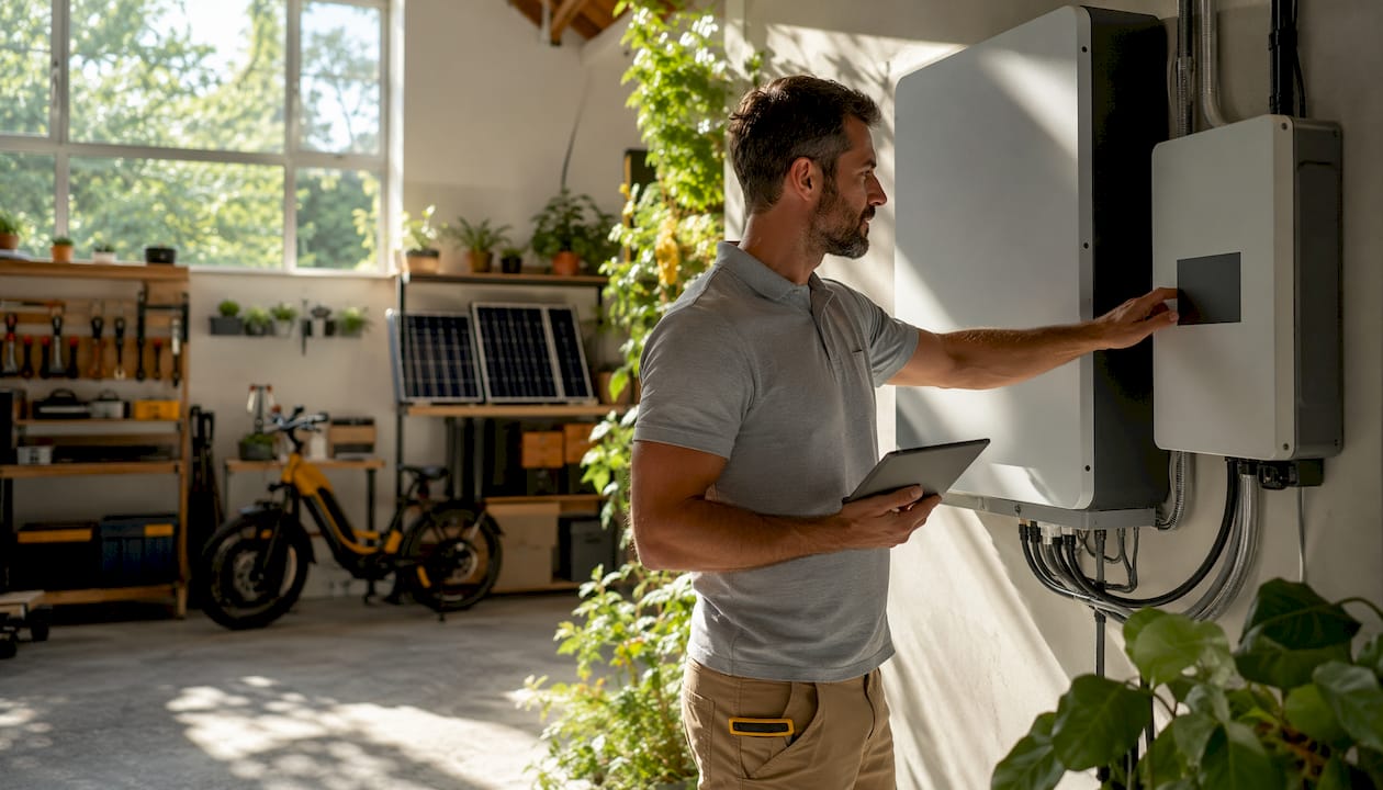 Man inspecting solar battery and EV load controller