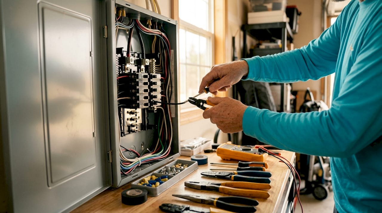 Electrician upgrading residential switchboard wiring
