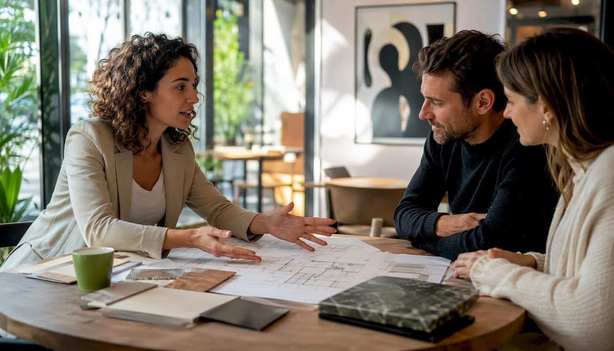 Architect consulting couple on home design plans