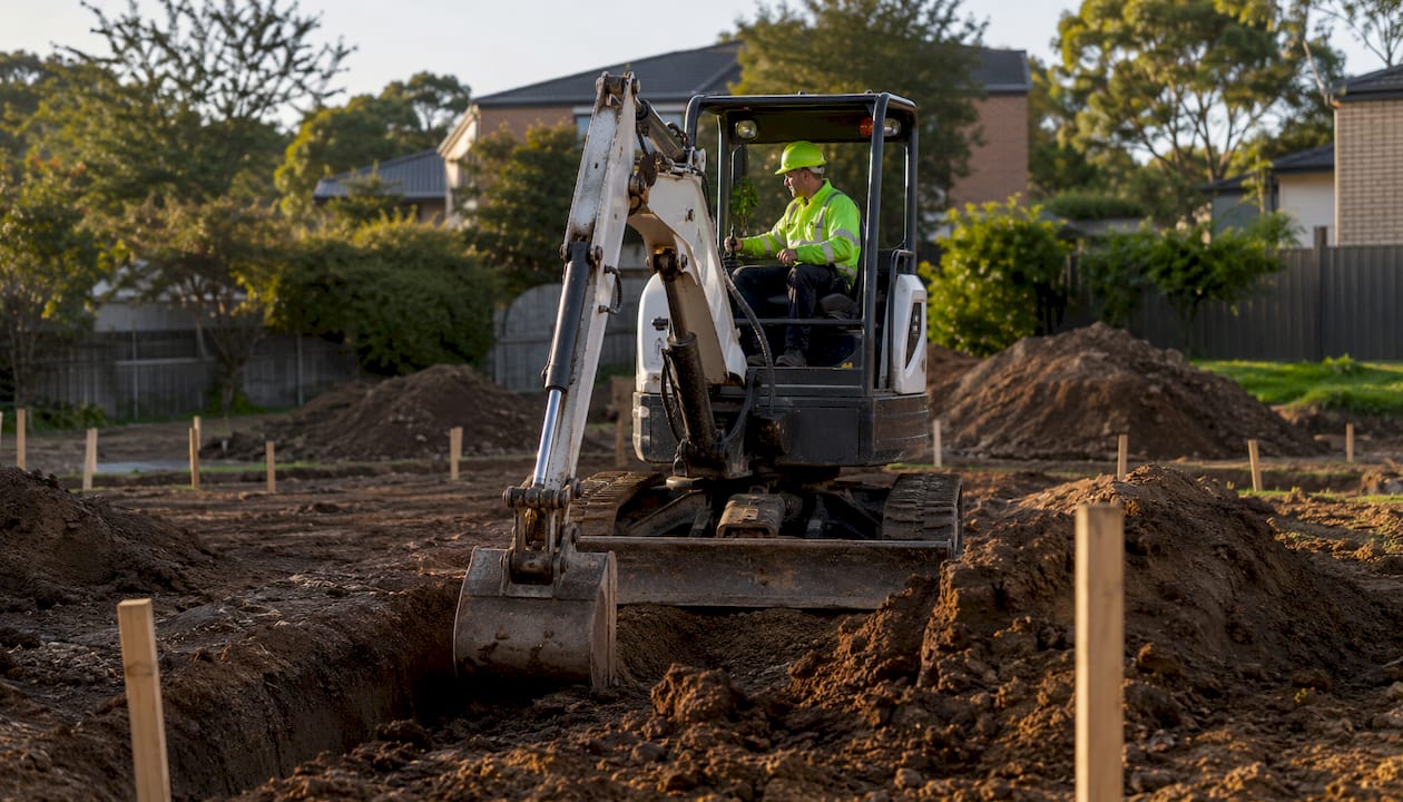 Earth-moving machine preparing house foundation site