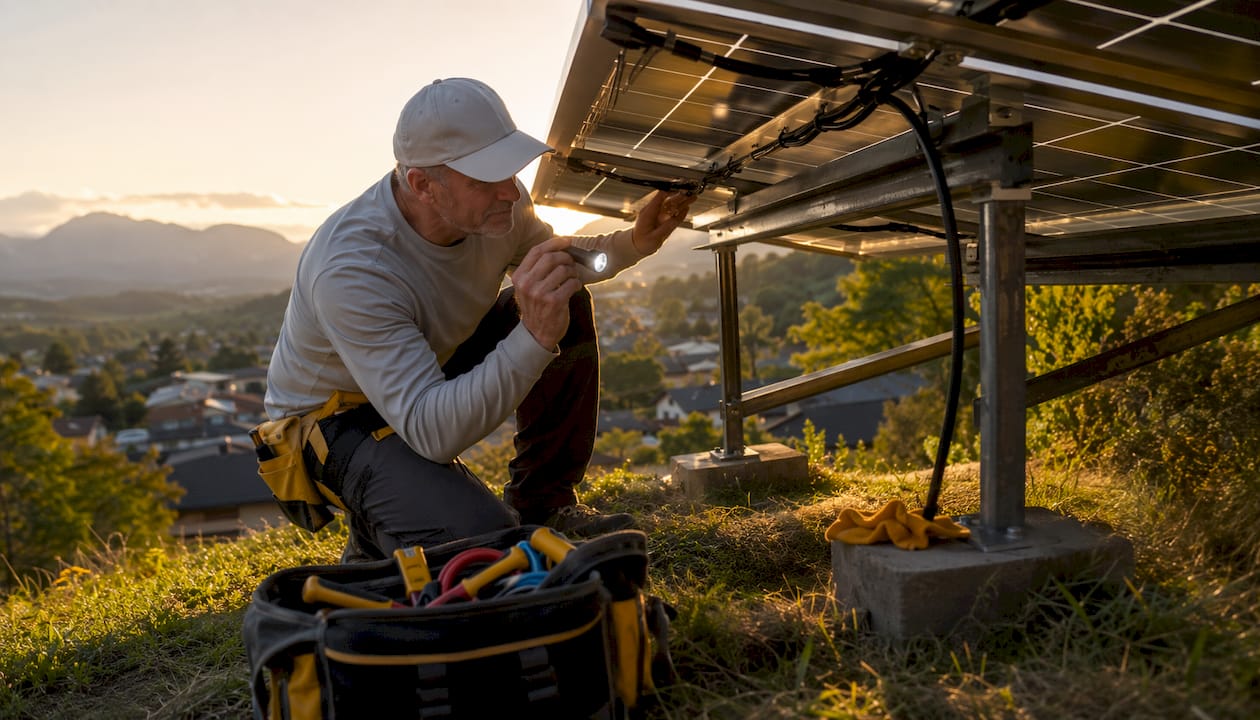 Man inspecting solar panel mounting on roof outdoors