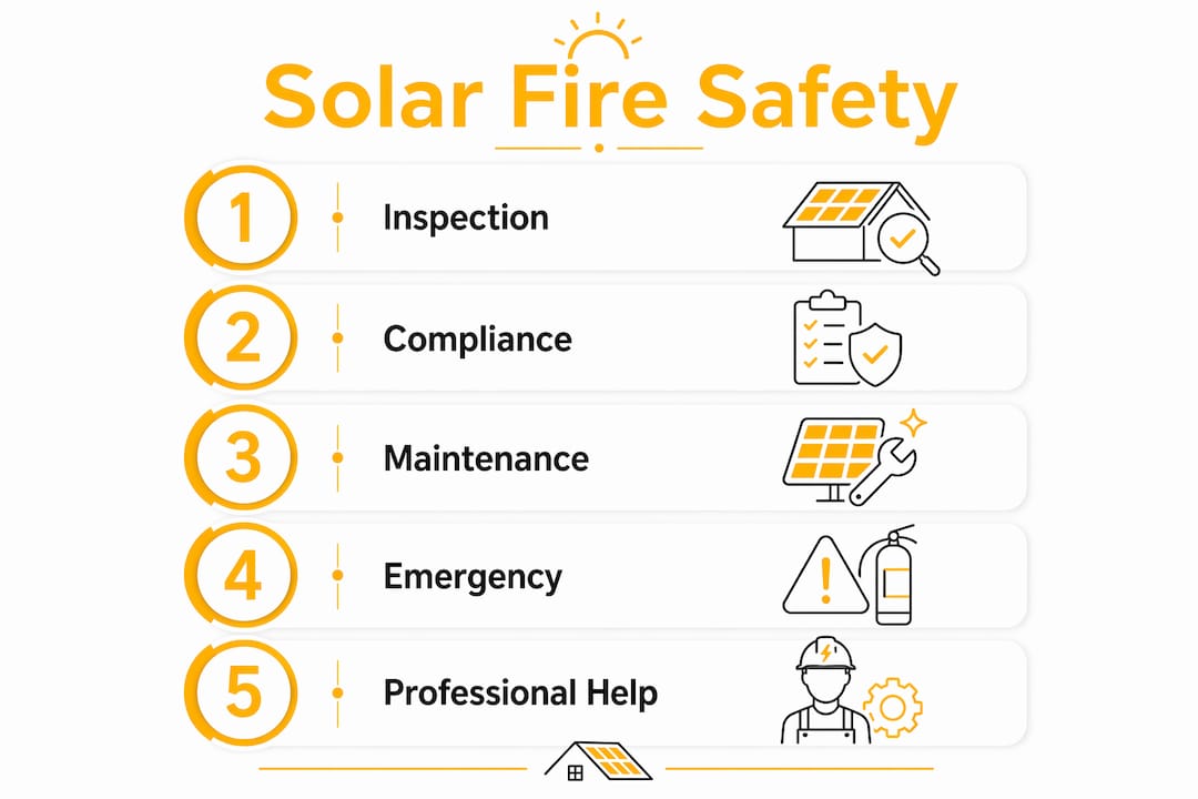 Infographic showing solar panel fire safety steps