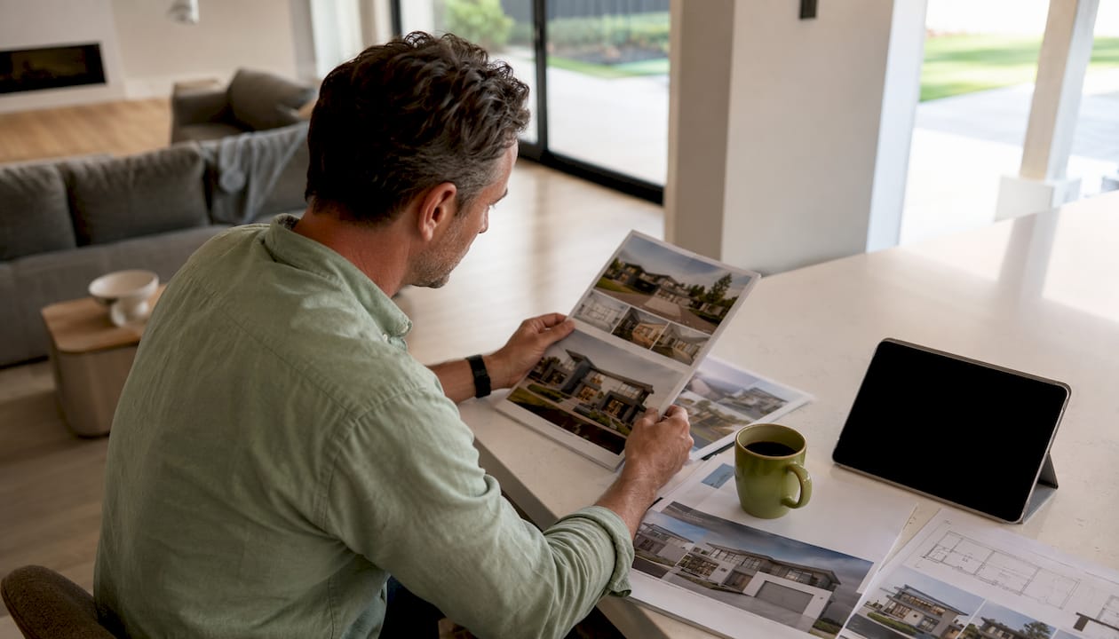 Homeowner reviewing builder portfolios at kitchen table