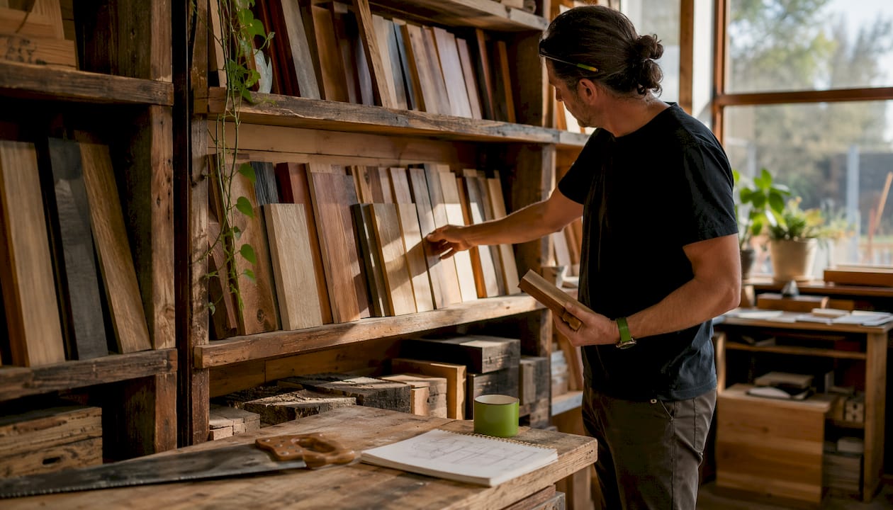 Craftsman hands with timber samples in workshop