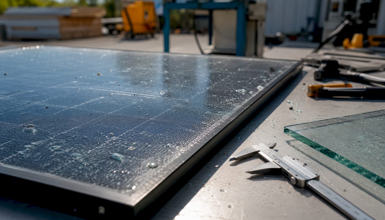 Close-up of tempered glass solar panel with hail dents