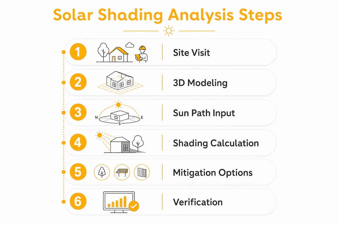 Infographic illustrating steps of solar shading analysis process