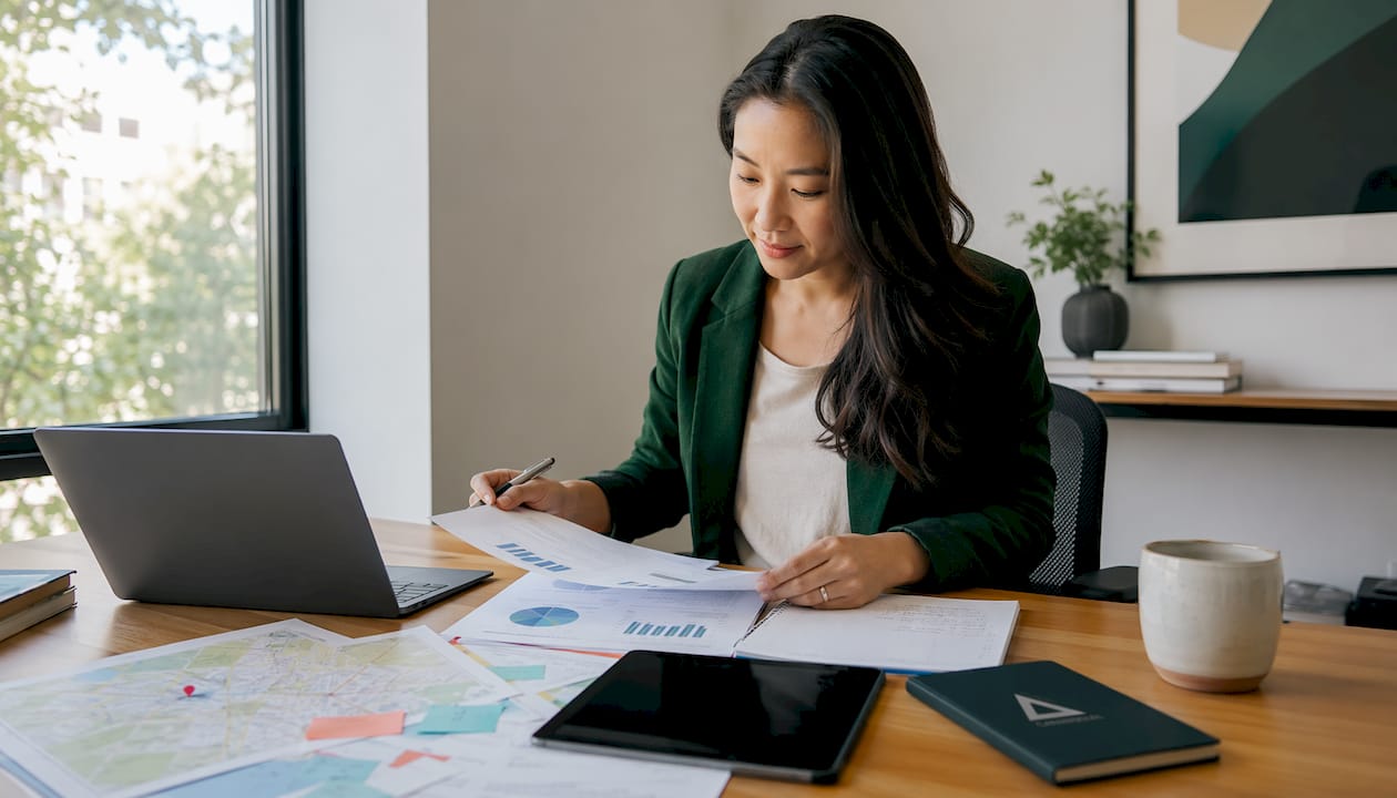 Woman reviewing local SEO reports in office