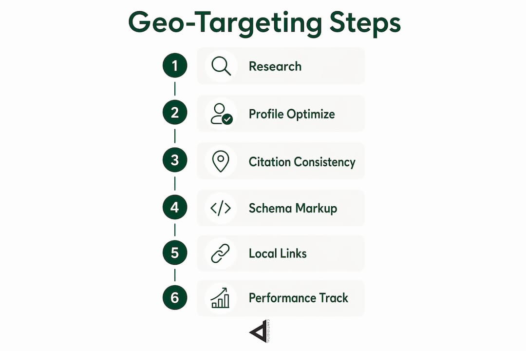 Infographic showing steps for geo-targeting SEO strategy