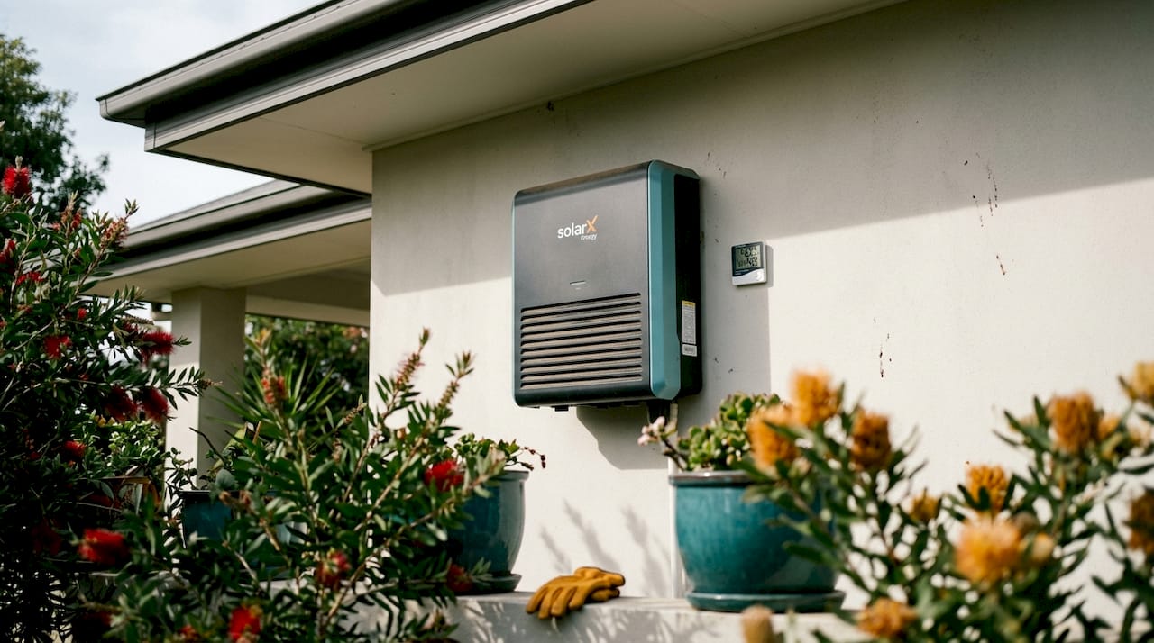 Outdoor solar inverter mounted on wall with cooling vents