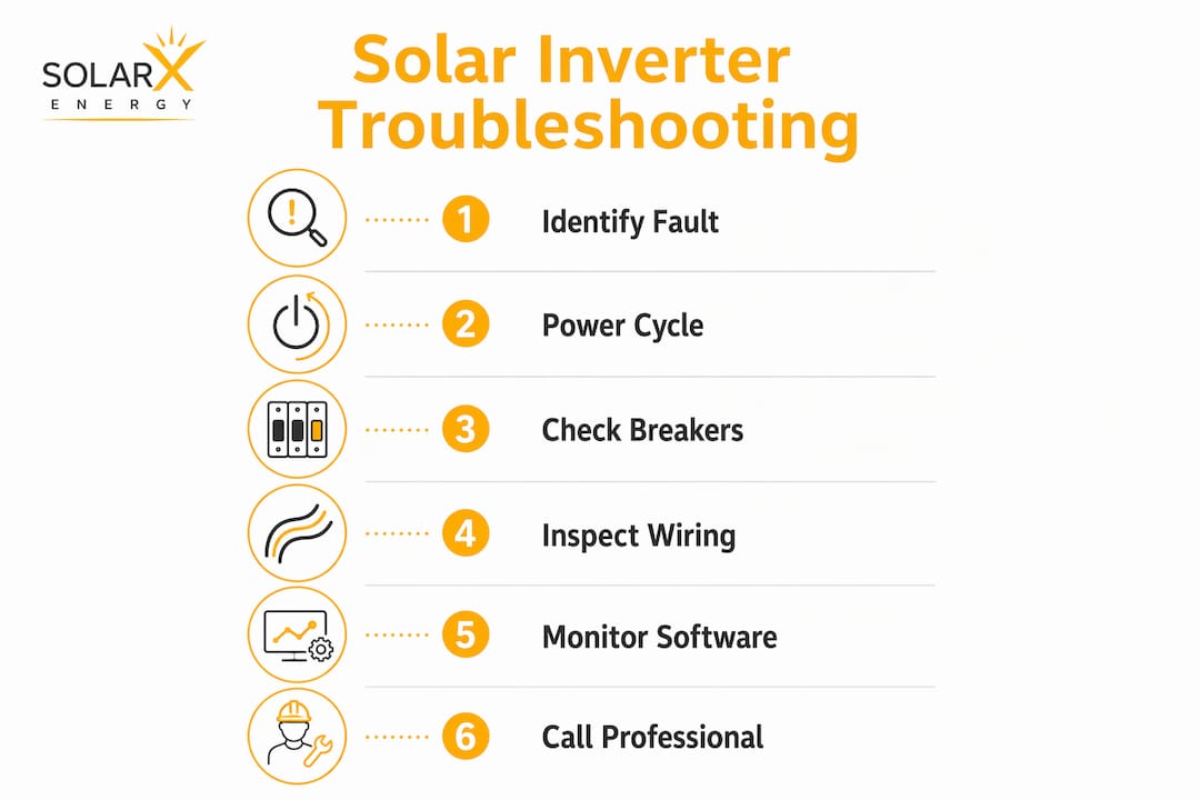 Infographic illustrating steps for solar inverter troubleshooting