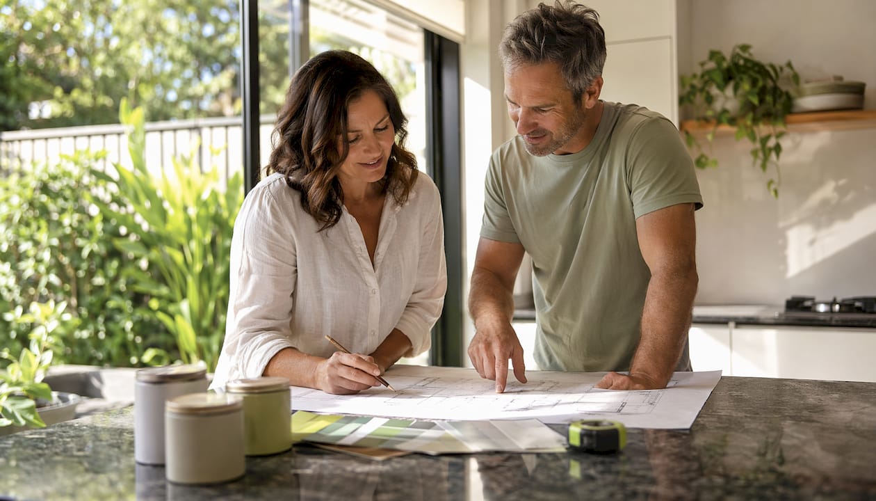 Couple reviewing home renovation blueprints indoors