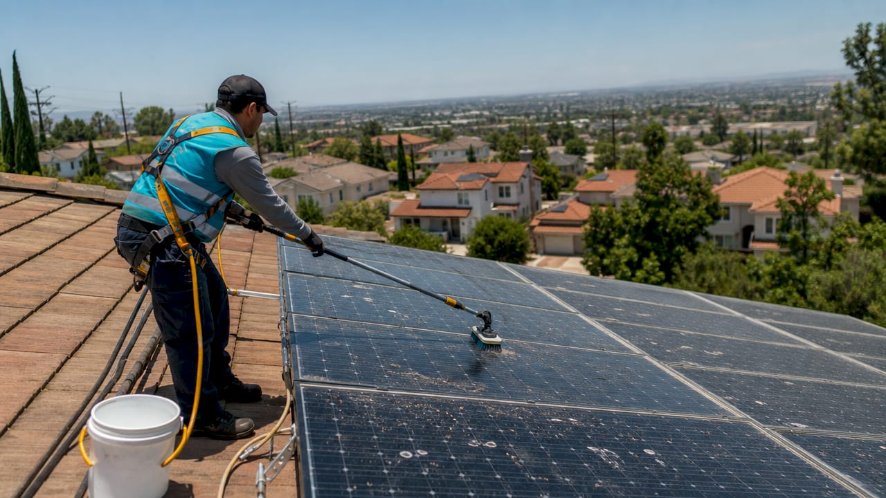 Solar technician cleaning dirty solar panels outdoors