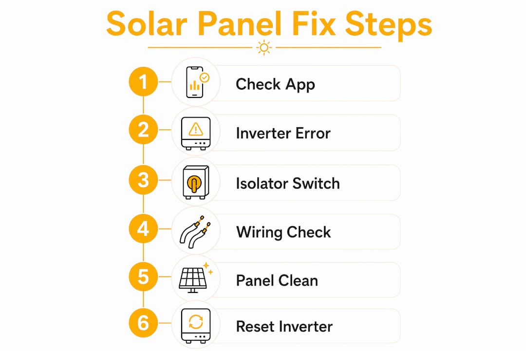 Infographic showing solar panel troubleshooting steps