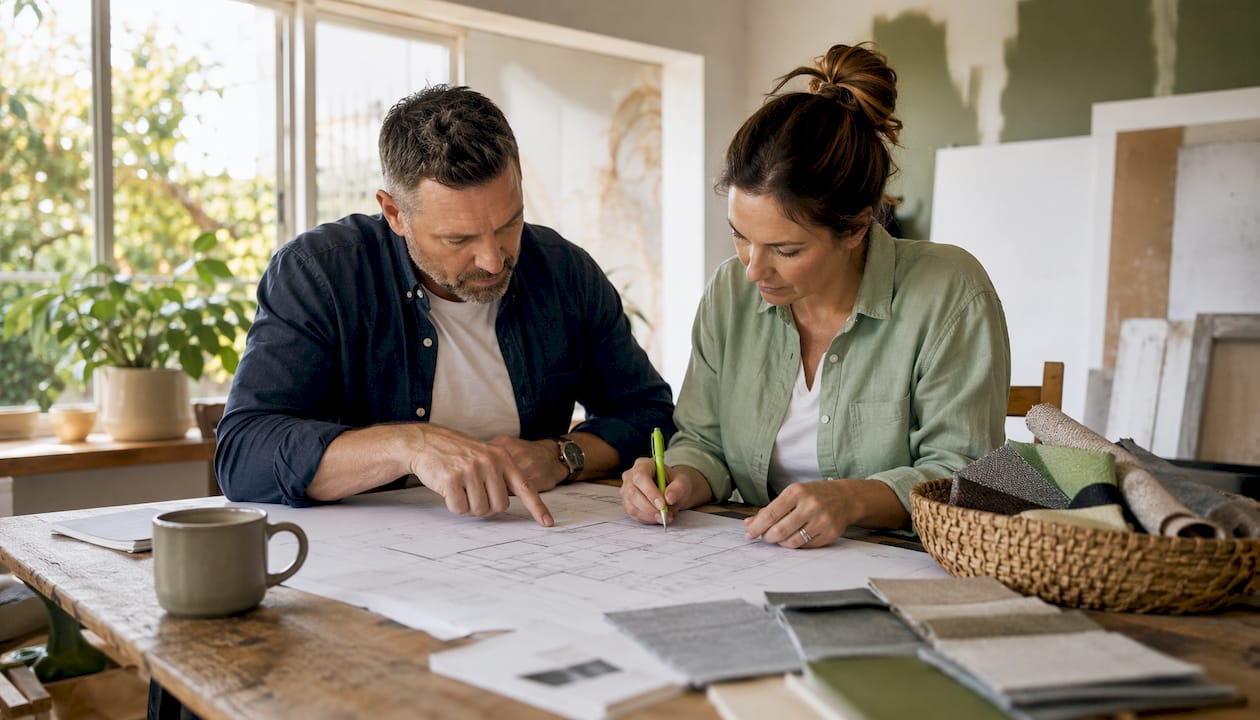 Couple reviewing home renovation plans at table