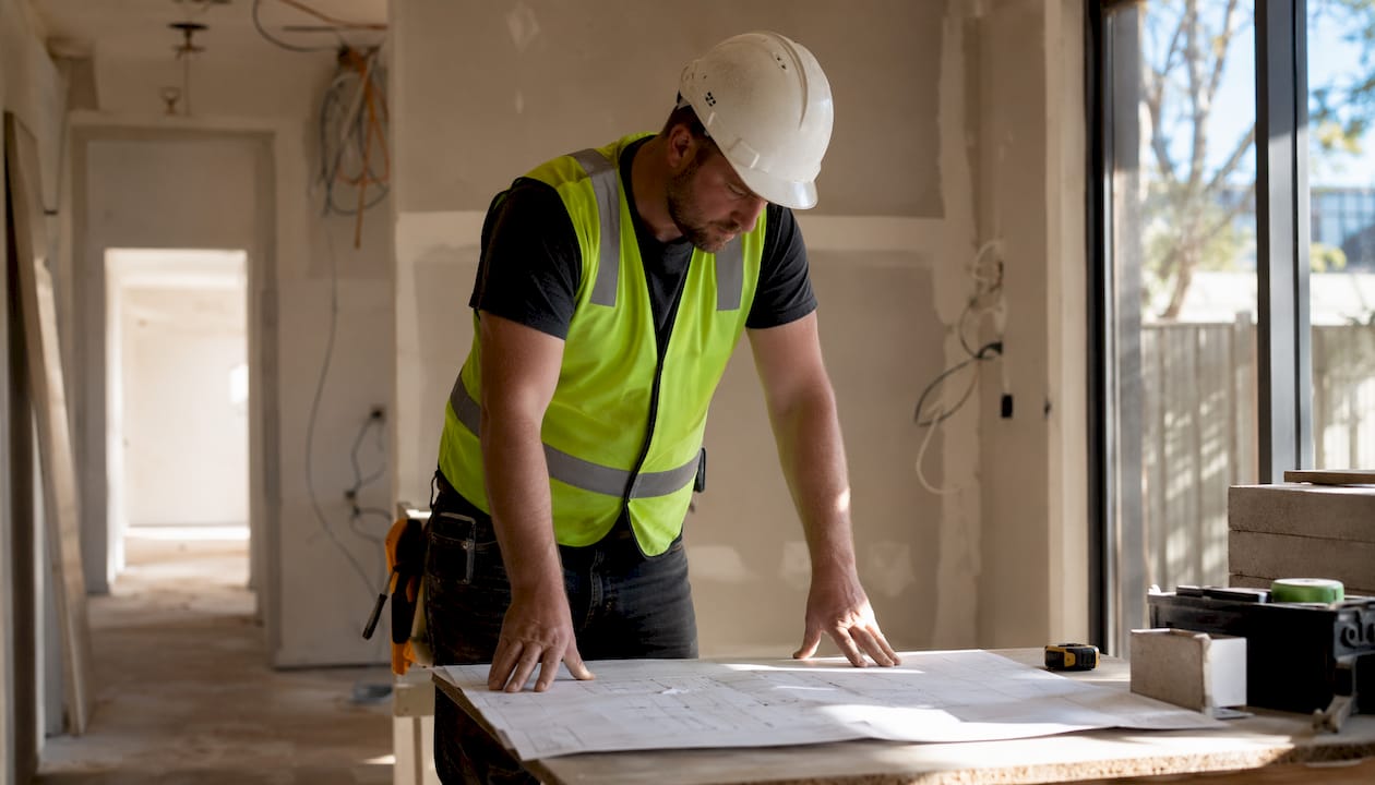 Builder reviewing house foundation plans on site