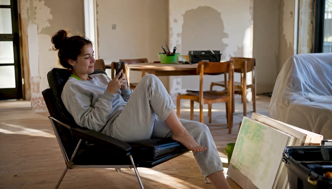 Resident relaxing in live renovation zone