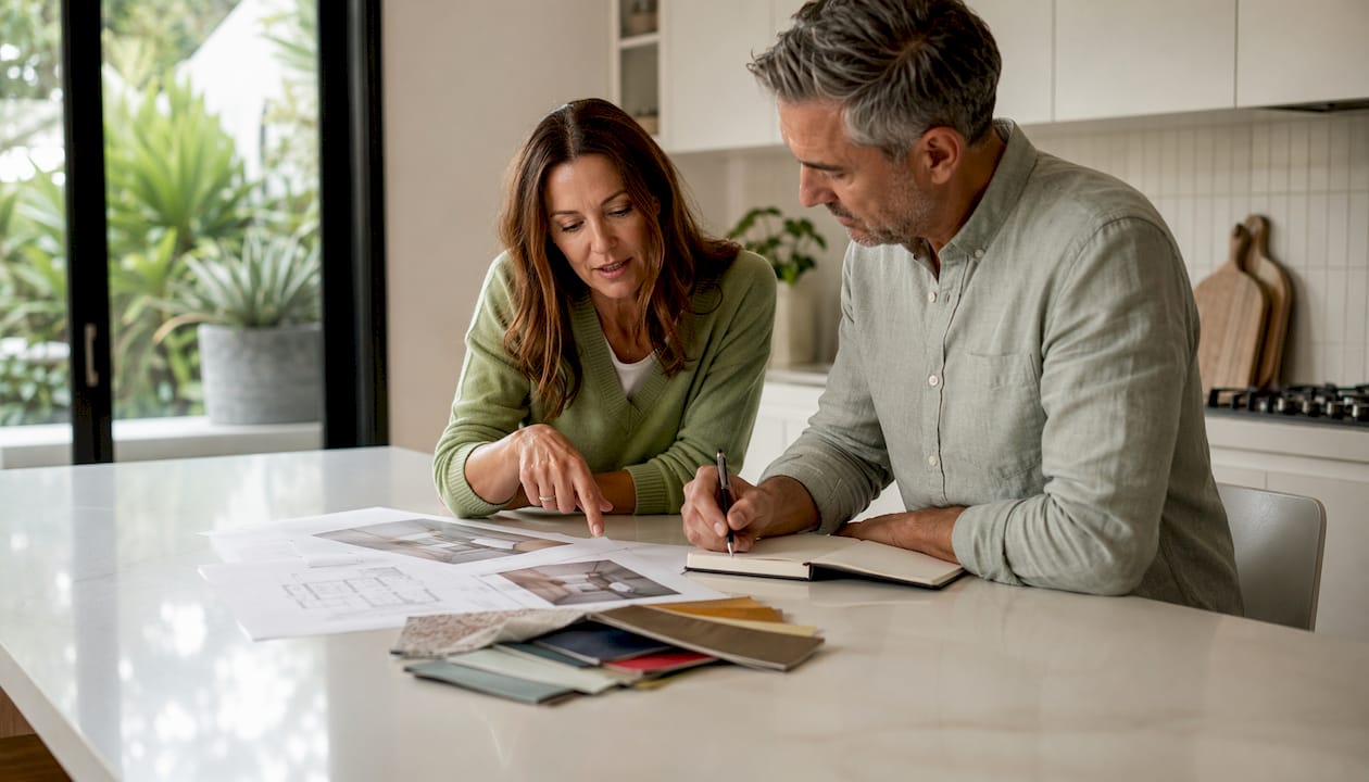 Couple planning Melbourne home renovation at table