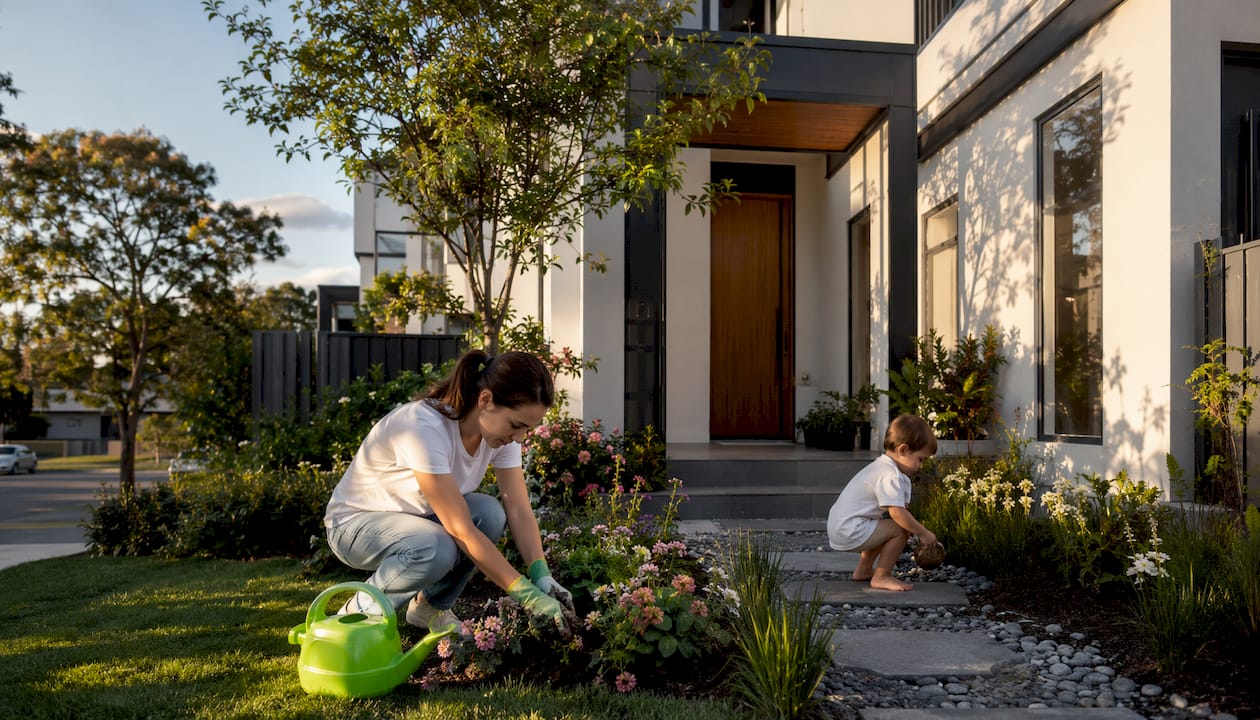 Dual occupancy housing exterior with family gardening