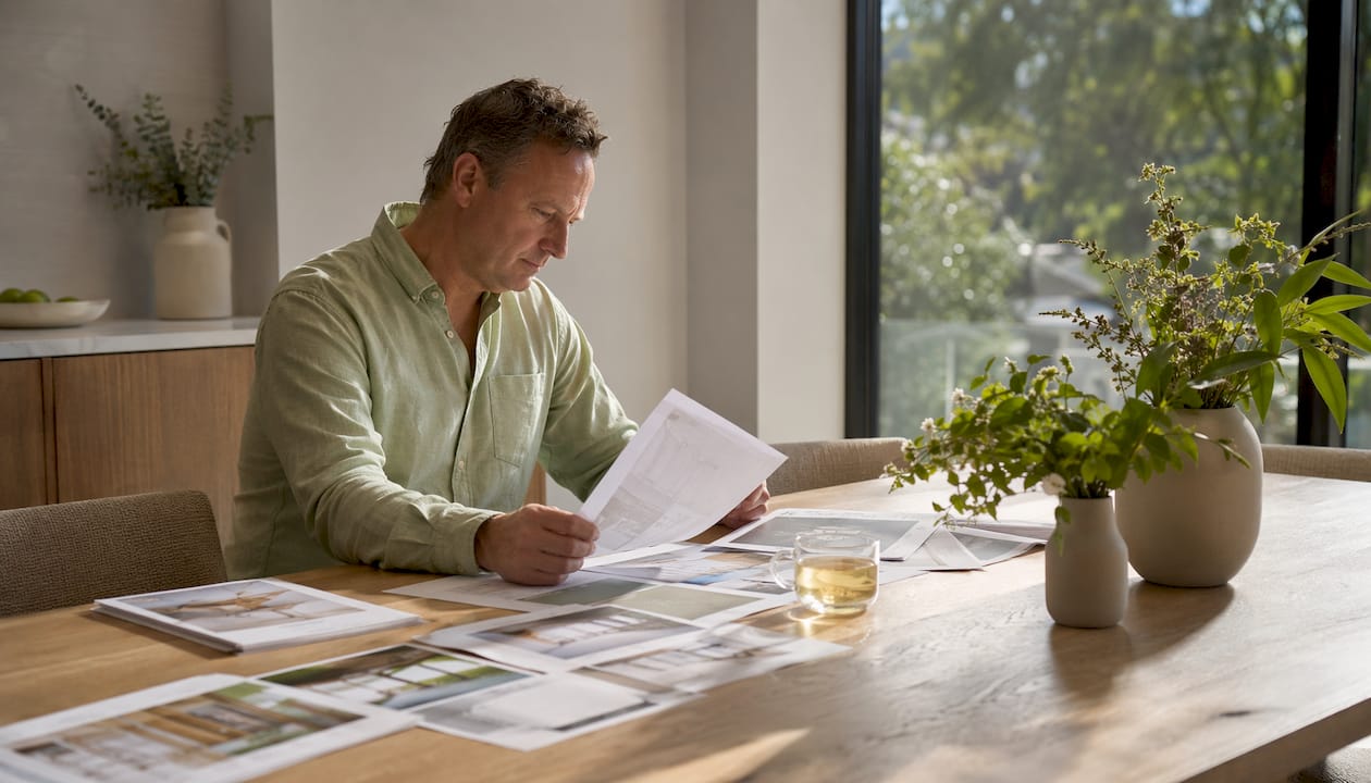 Man reviewing home builder portfolios at kitchen table