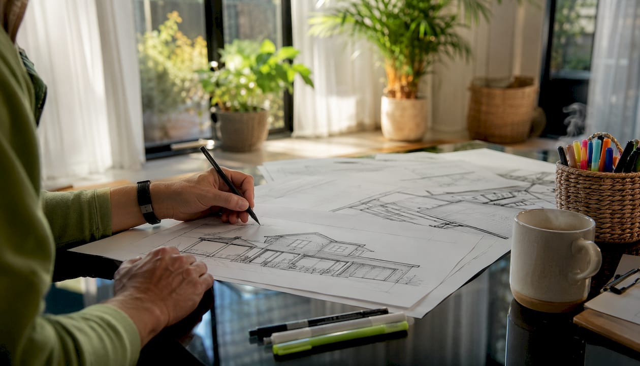 Hands annotating custom home design details on desk